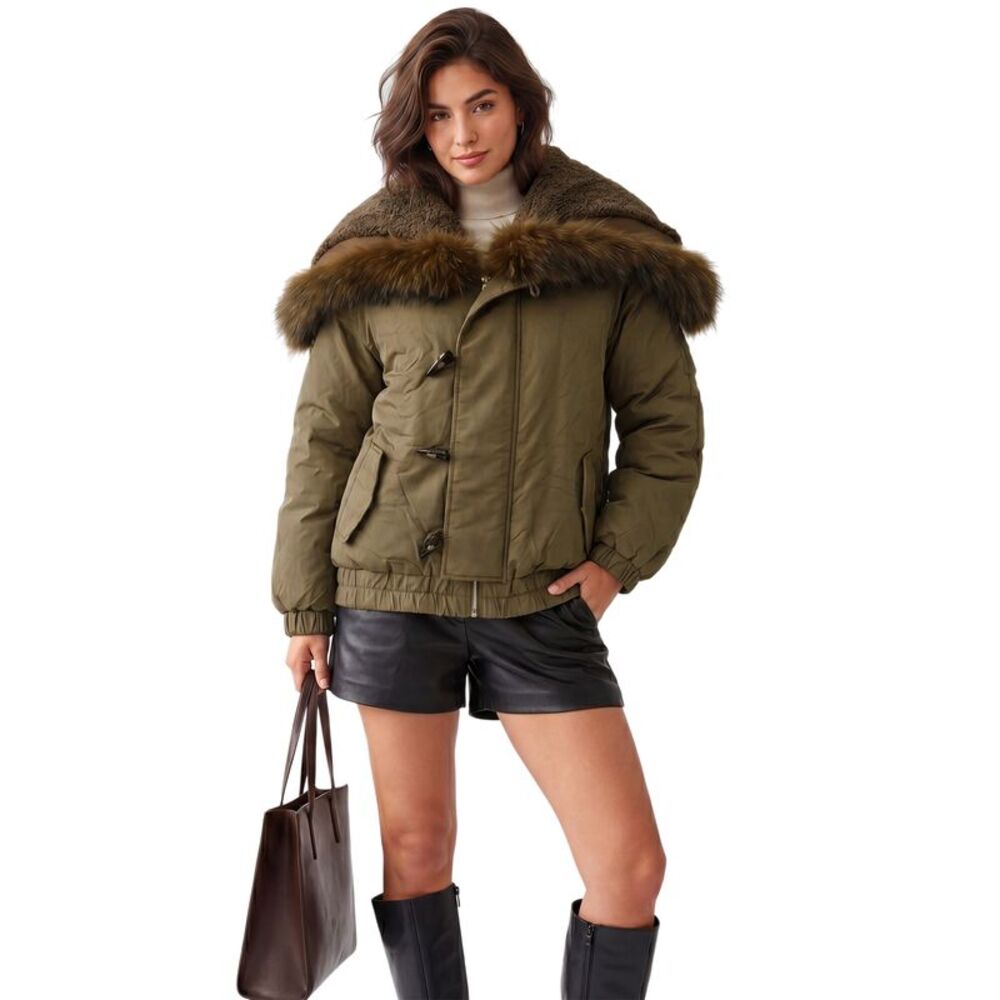 Women Faux Fur Trim Cropped Adjustable Hood Puffer Coat Jacket Coffee
